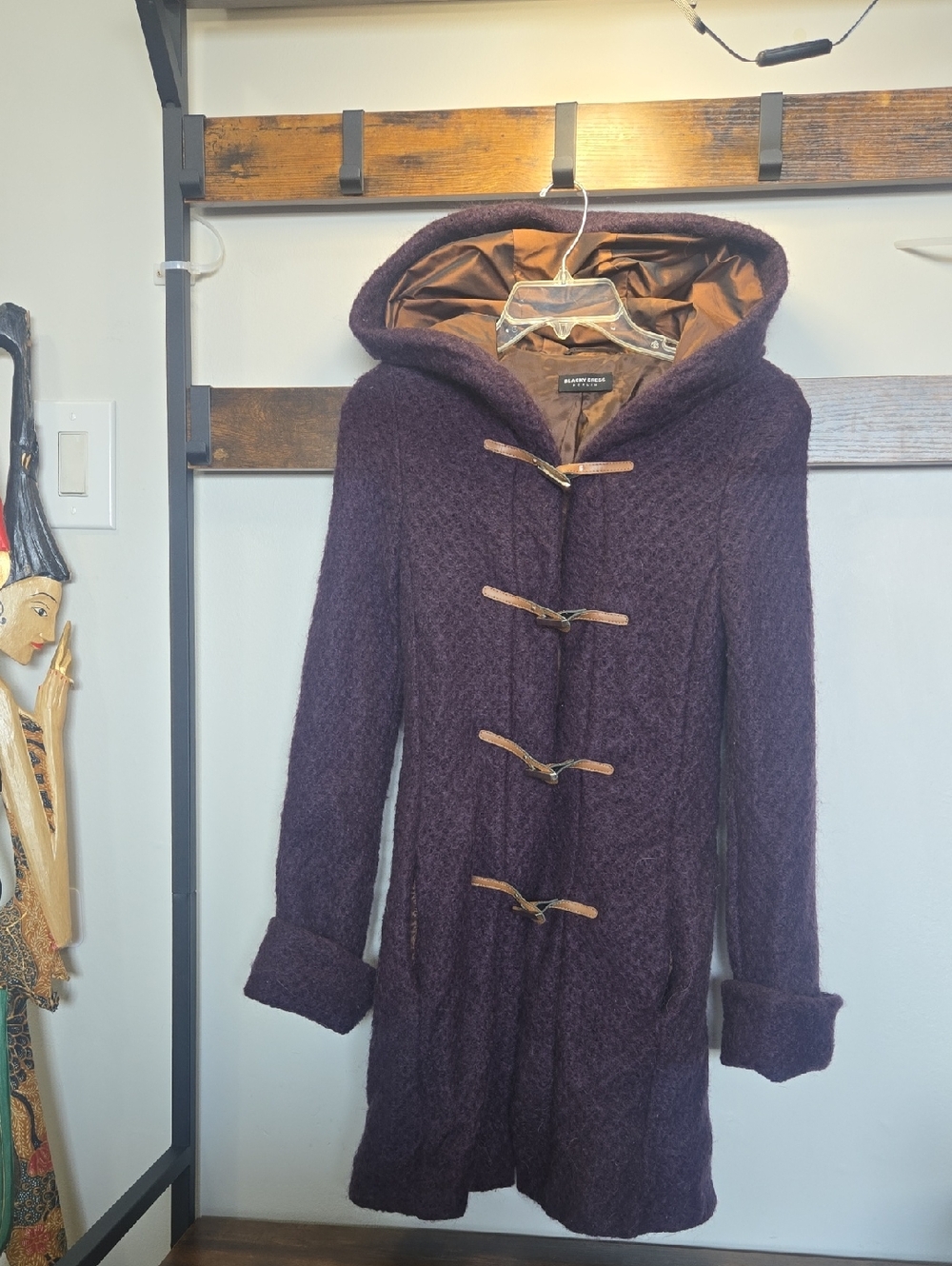 Hooded Wool-Blend Toggle Pea Coat in Deep Plum
